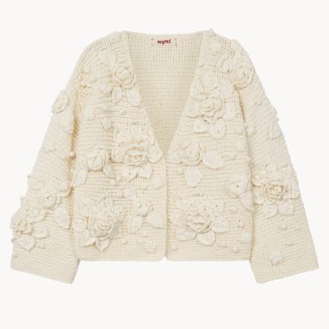 Handknit Cotton Cardigan: White V-neck Jacket With Embroidered Flowers