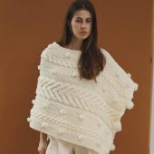 Handcrafted Cream Cable Knit Poncho With Tassels, White Woman Gift Cape Sweater