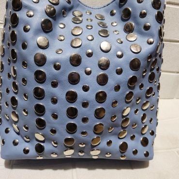 Moroccan Leather Tote – Soft Blue Studded Shoulder Bag | Handmade Boho Artisan Purse | Light Blue Shopper – Large & Small Sizes