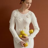 White Handmade Knitted Dress With Crochet Flowers - Long Women's Dress