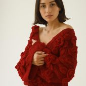 Handknit Cotton Cardigan: White V-neck Jacket With Embroidered Flowers