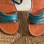 Handmade Moroccan Blue Leather Sandals Women Flat Strappy Summer Shoes